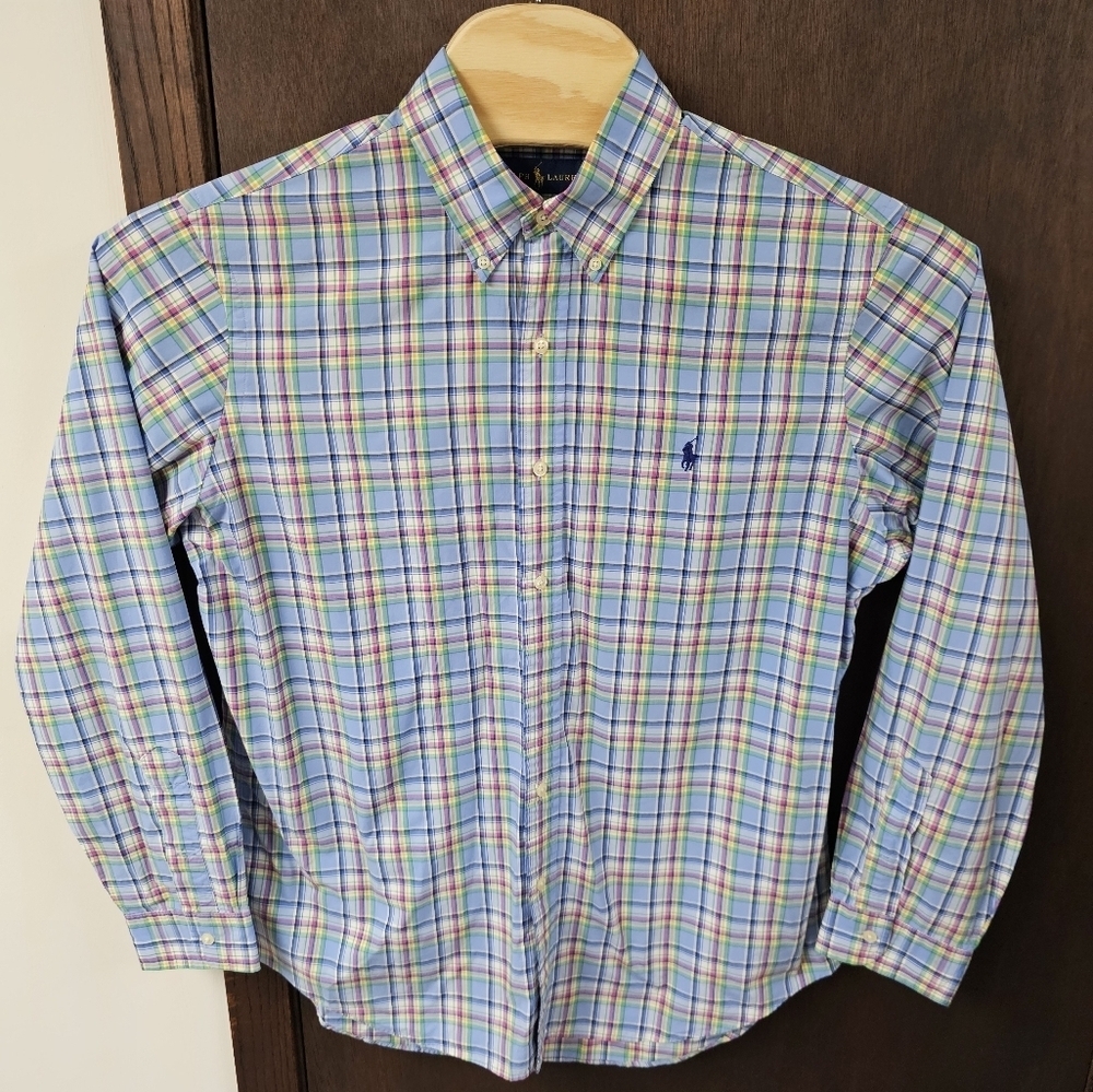 Polo Ralph Lauren Madras Plaid‎ Button Up Light Blue Long Sleeve Shirt L